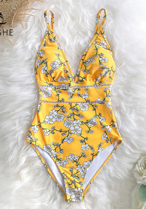 Yellow Pear Blossom Floral Print One-Piece