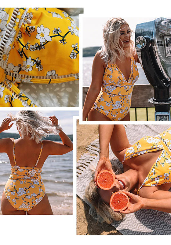 Yellow Pear Blossom Floral Print One-Piece