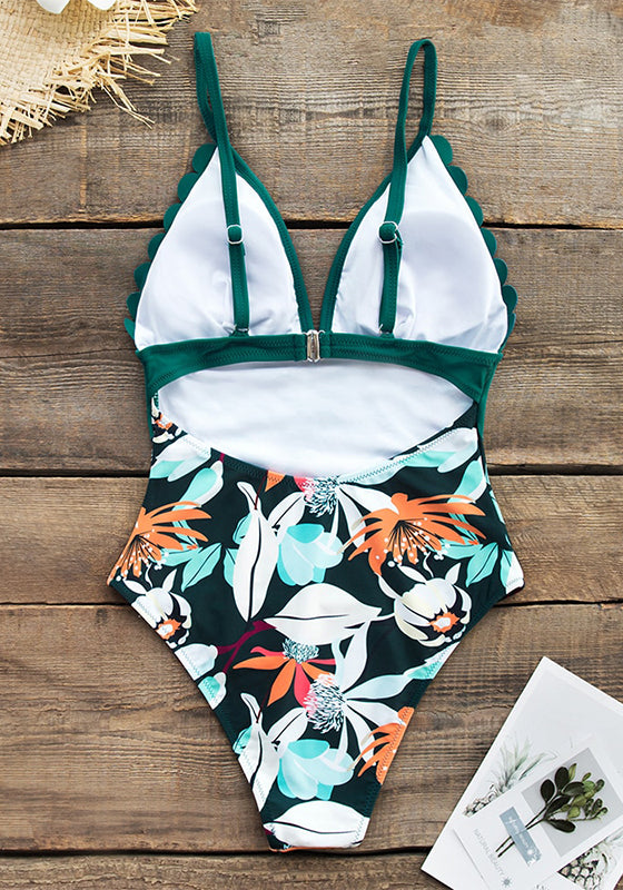 Teal and Floral Scalloped One-Piece