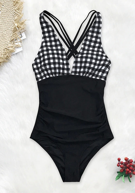 Black And White Gingham Ruched One-Piece