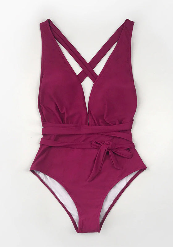 Solid Red Deep V-neck One-Piece