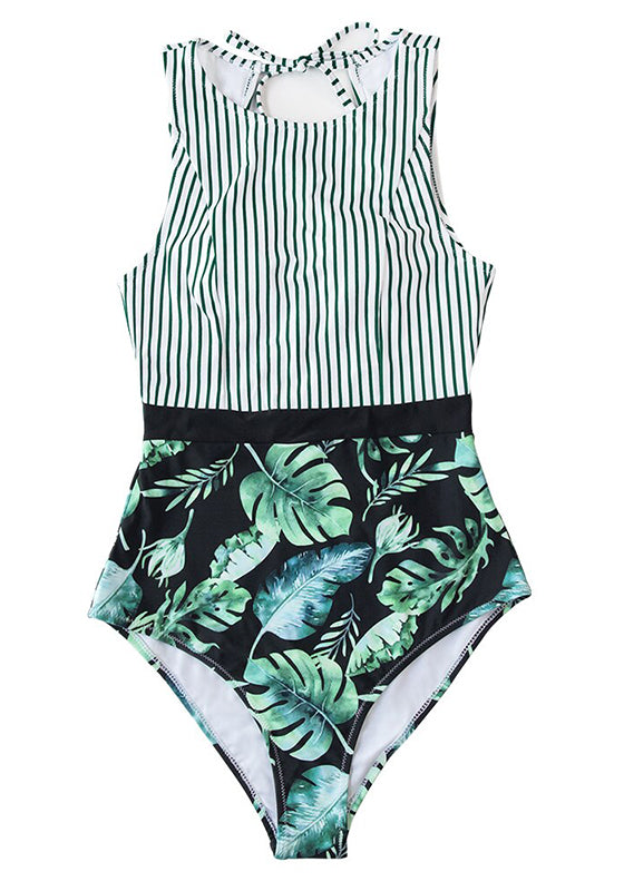 Black Striped And Green Leaf One-piece