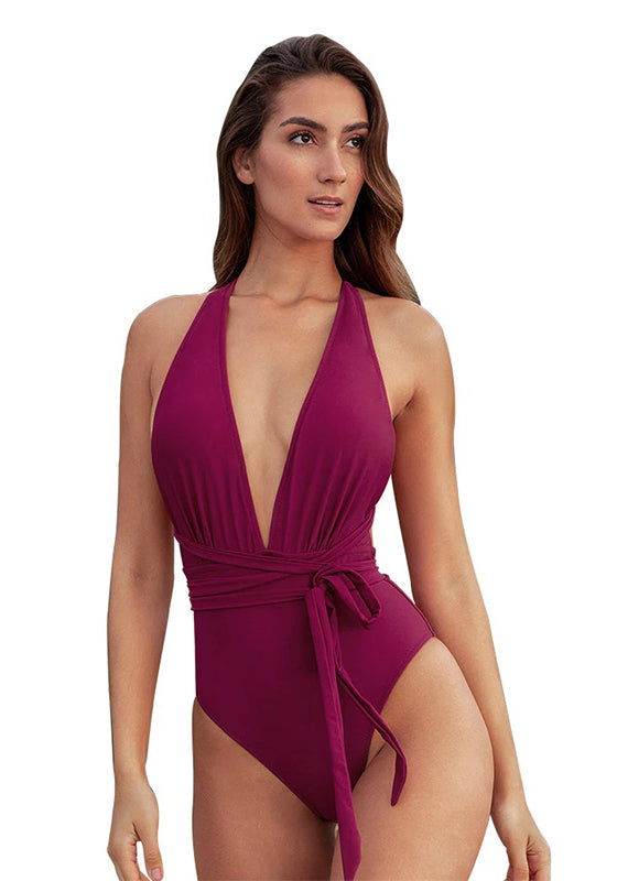 Solid Red Deep V-neck One-Piece