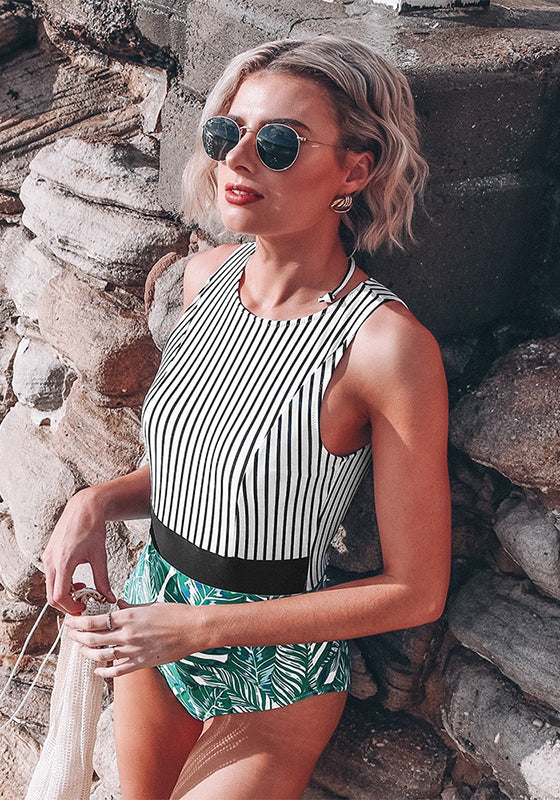 Black Striped And Green Leaf One-piece