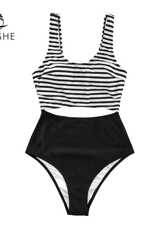 Black and White Stripe Cut Out One-Piece