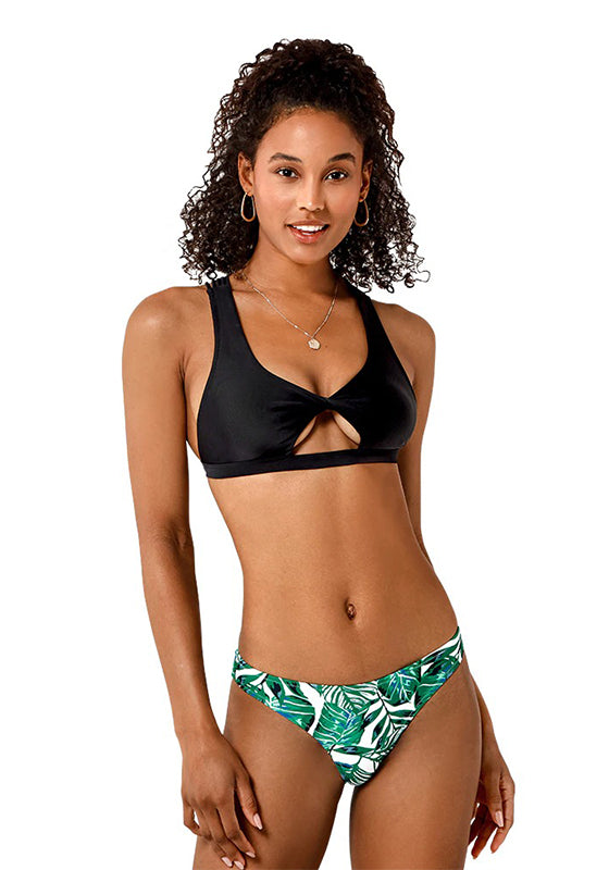 Black and Leafy Strappy Cutout Bikini Set