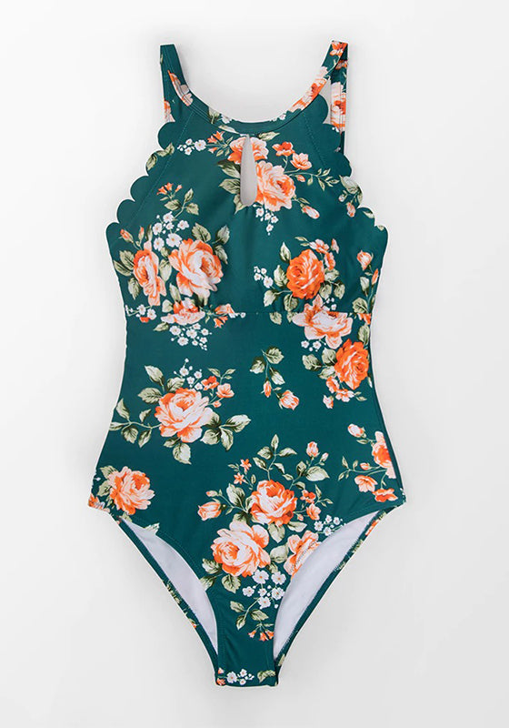 Green Floral Scalloped One-piece