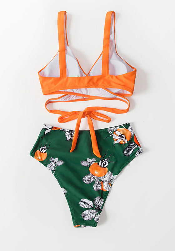 Orange Floral Wrap Lace Up Bikini Set