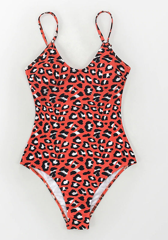 Red Leopard print V-neck One-Piece