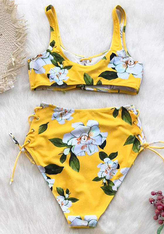 Yellow Floral High-Waist Bikini Set