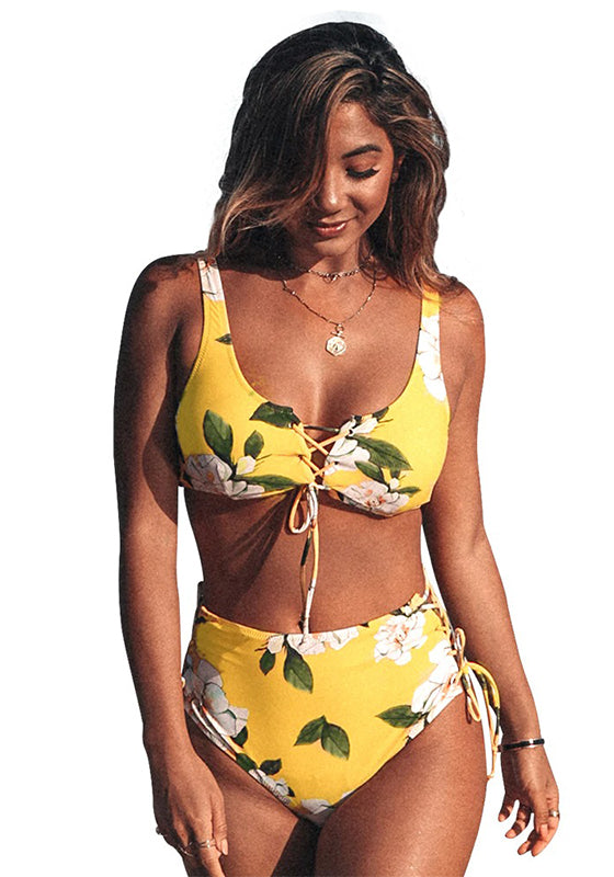 Yellow Floral High-Waist Bikini Set