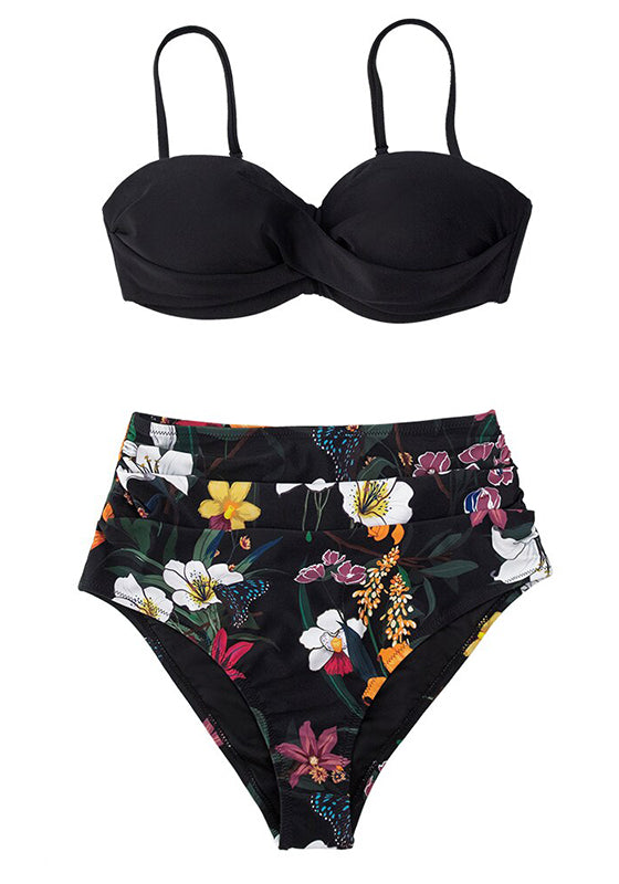 Black And Floral Push Up High Waist Bikini Set