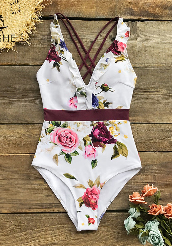 White Floral Ruffled V-neck One-Piece