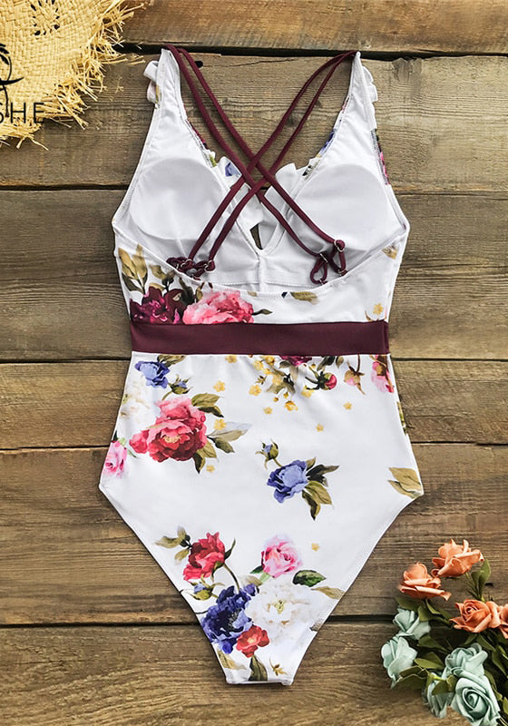 White Floral Ruffled V-neck One-Piece