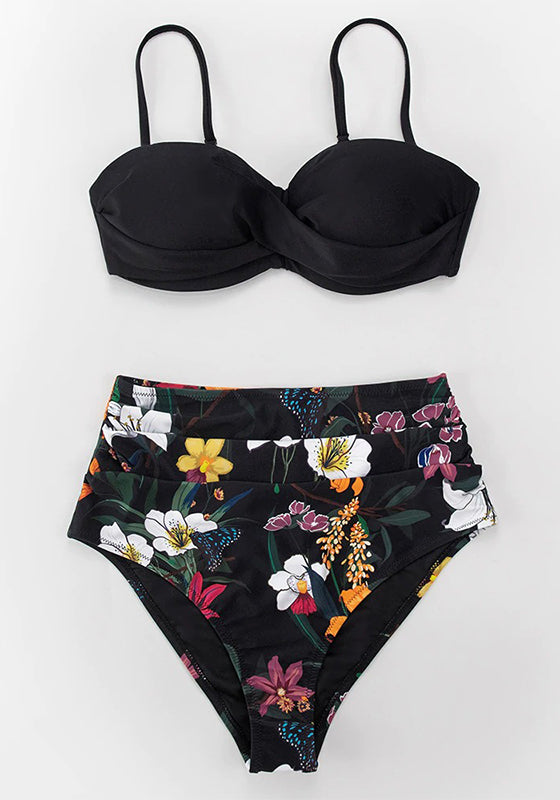Black And Floral Push Up High Waist Bikini Set