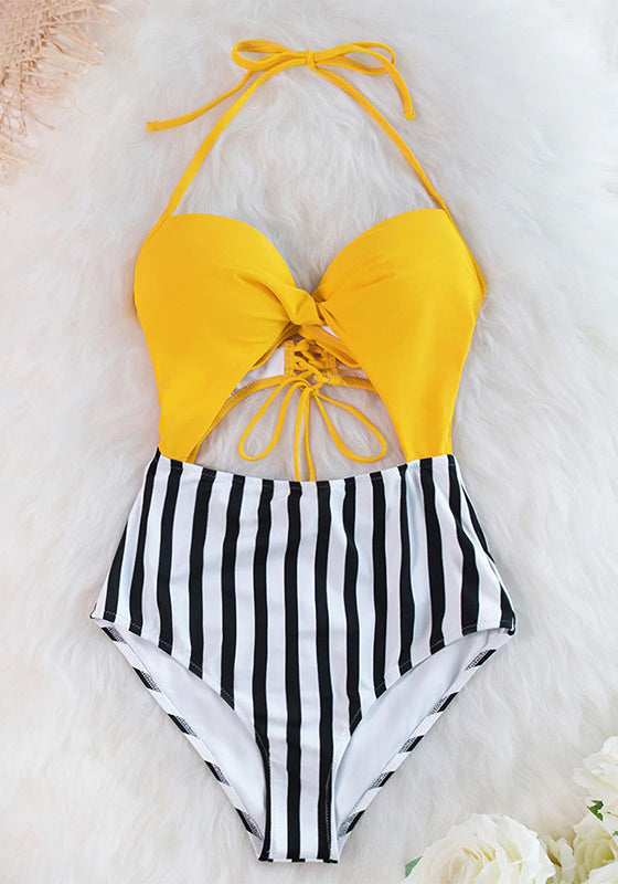 Yellow and Stripe Halter One-Piece