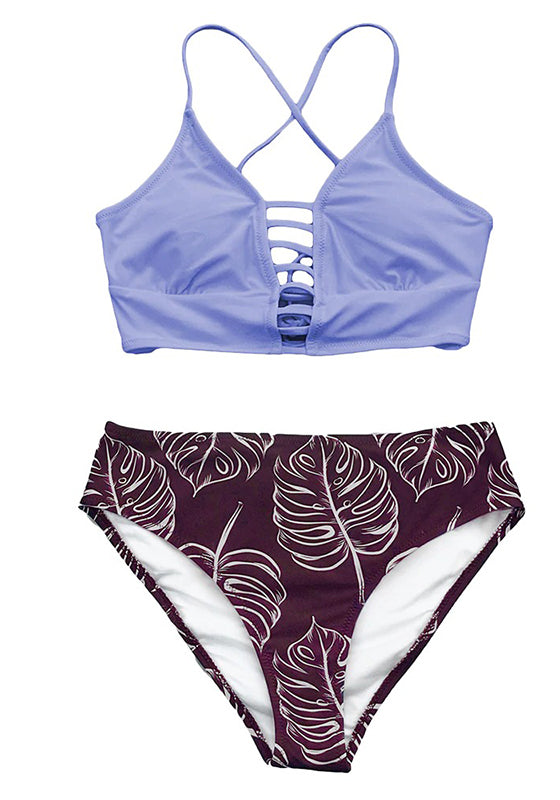 Purple and Leaf Print Mid-waist Bikini