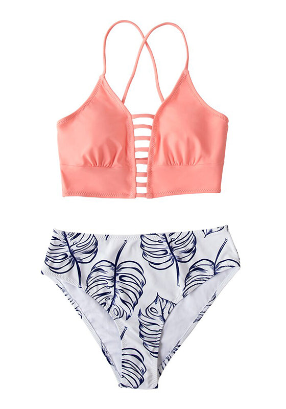 Purple and Leaf Print Mid-waist Bikini