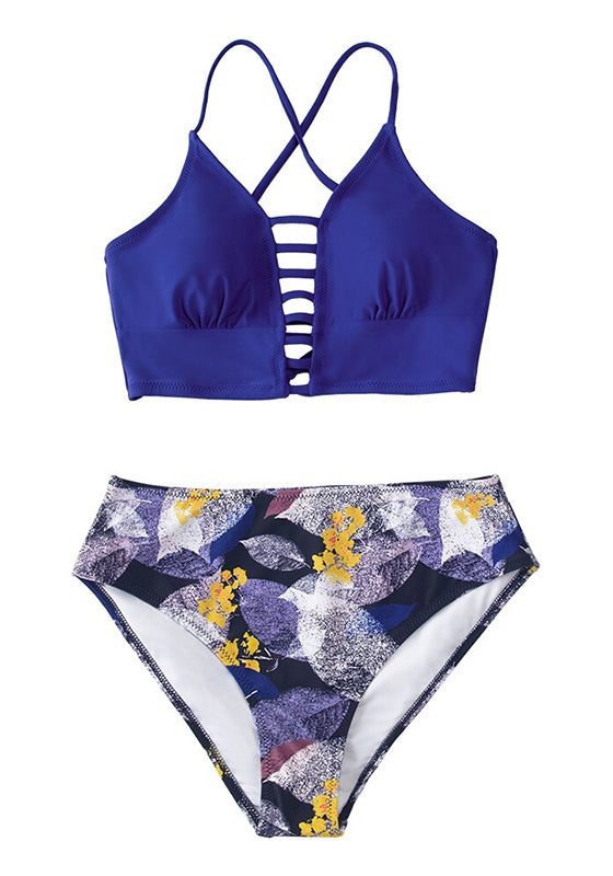 Purple and Leaf Print Mid-waist Bikini