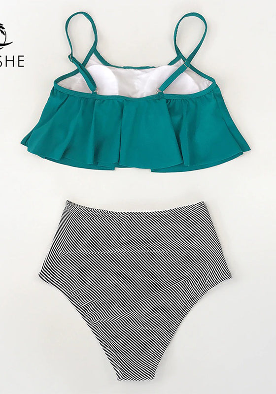 Green and Stripe High Waisted Bikini Set