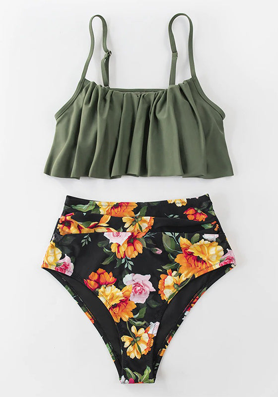 Black Floral Falbala Tank High-waist Bikini Set