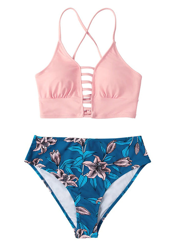 Purple and Leaf Print Mid-waist Bikini