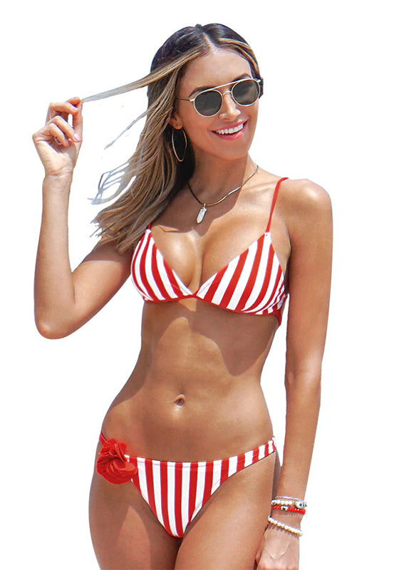Red and White Stripe Triangle Bikini Set