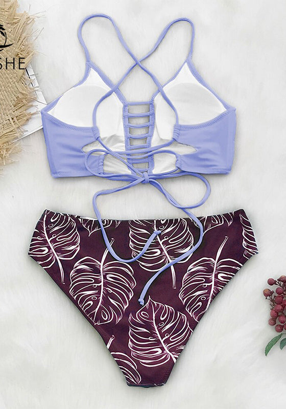 Purple and Leaf Print Mid-waist Bikini