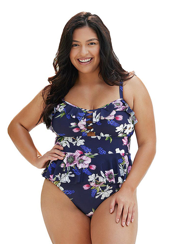 Navy Floral Ruffled One Piece