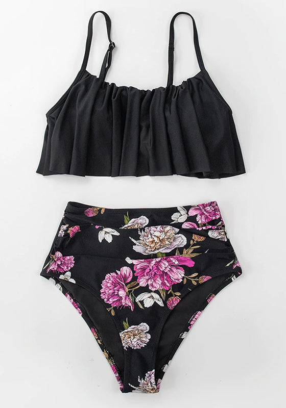 Black Floral Falbala Tank High-waist Bikini Set