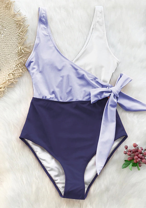 Purple White Colorblock V-neck One-Piece