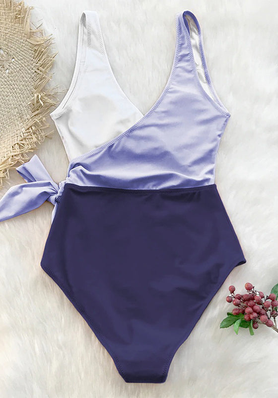 Purple White Colorblock V-neck One-Piece