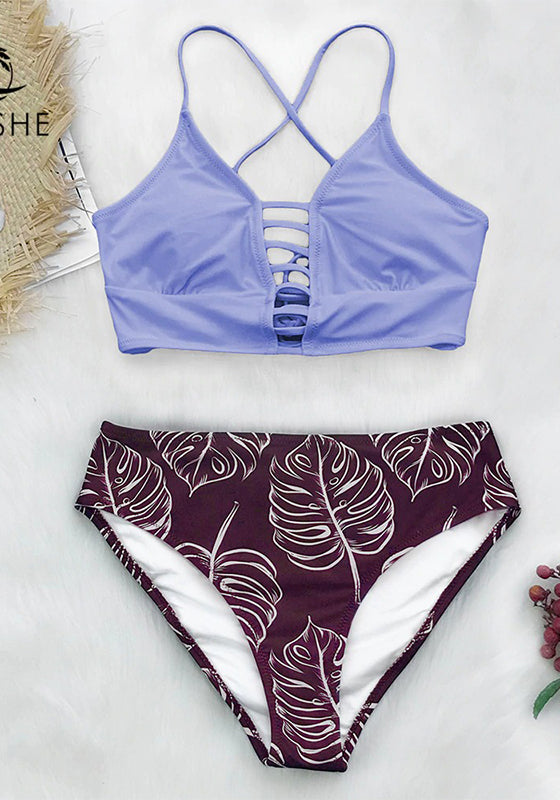 Purple and Leaf Print Mid-waist Bikini