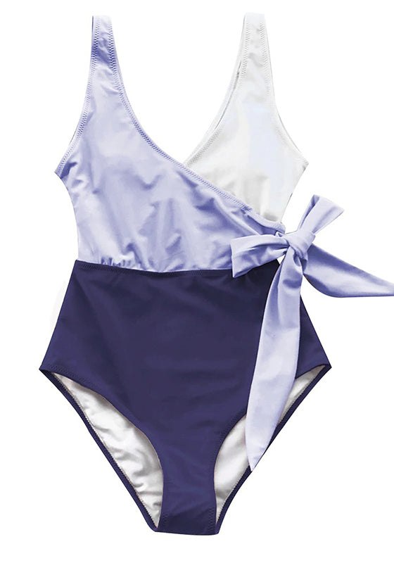 Purple White Colorblock V-neck One-Piece