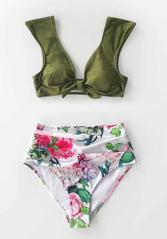 Green and White Floral High-Waisted Bikini Set