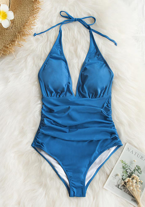 Solid Blue Shirring One-piece