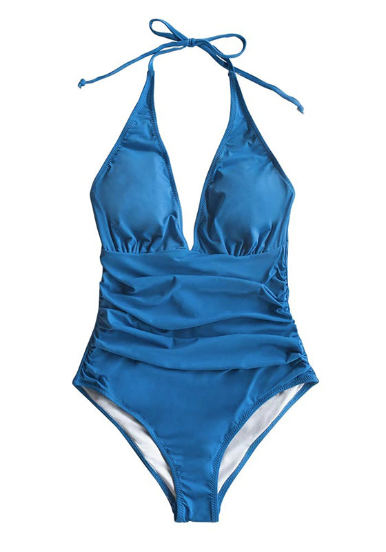 Solid Blue Shirring One-piece