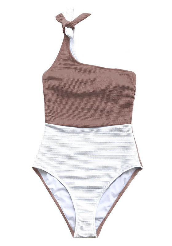 Taupe and White One Shoulder One-Piece