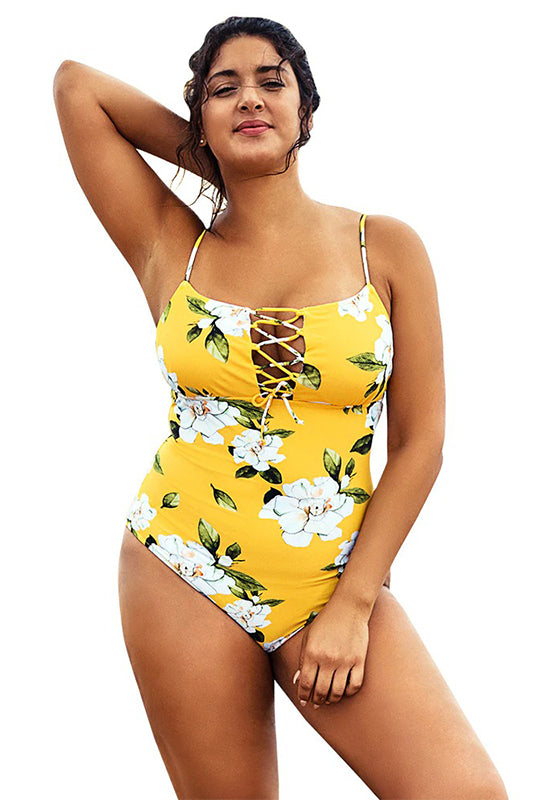 Yellow Floral Lace Up One Piece