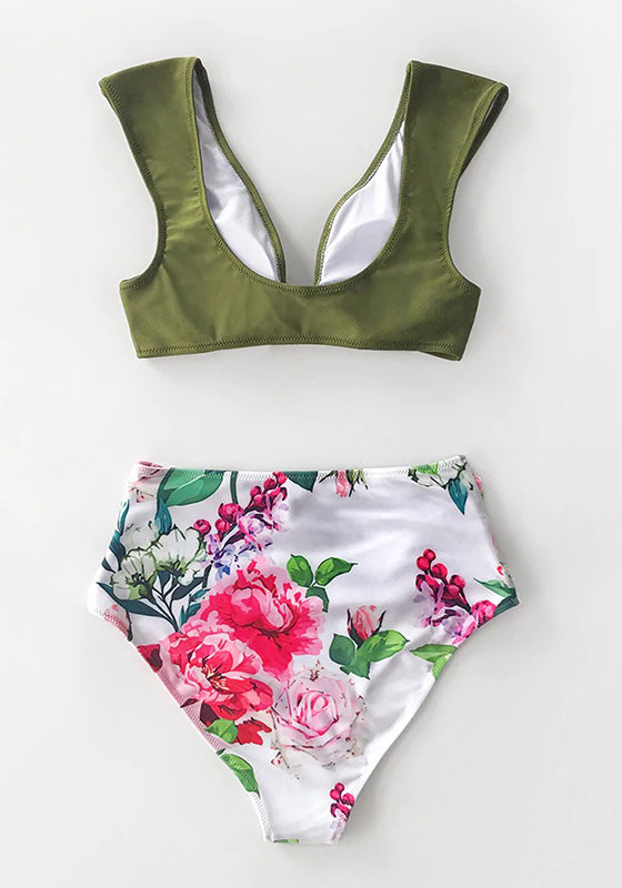 Green and White Floral High-Waisted Bikini Set