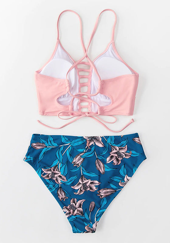 Purple and Leaf Print Mid-waist Bikini