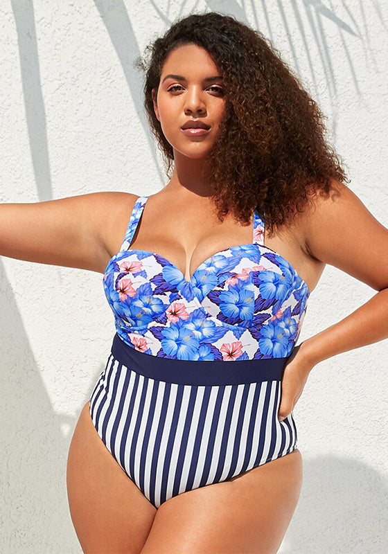 Moulded Cups Blue Floral Stripe One Piece