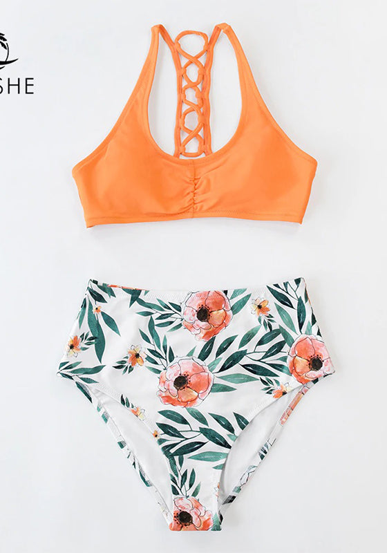 Navy And White Floral High-Waist Bikini Set