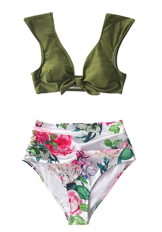 Green and White Floral High-Waisted Bikini Set