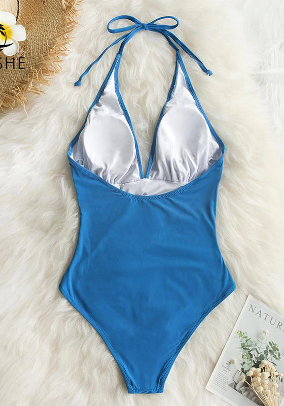 Solid Blue Shirring One-piece