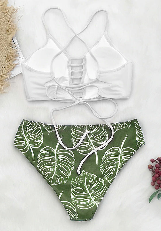 Purple and Leaf Print Mid-waist Bikini