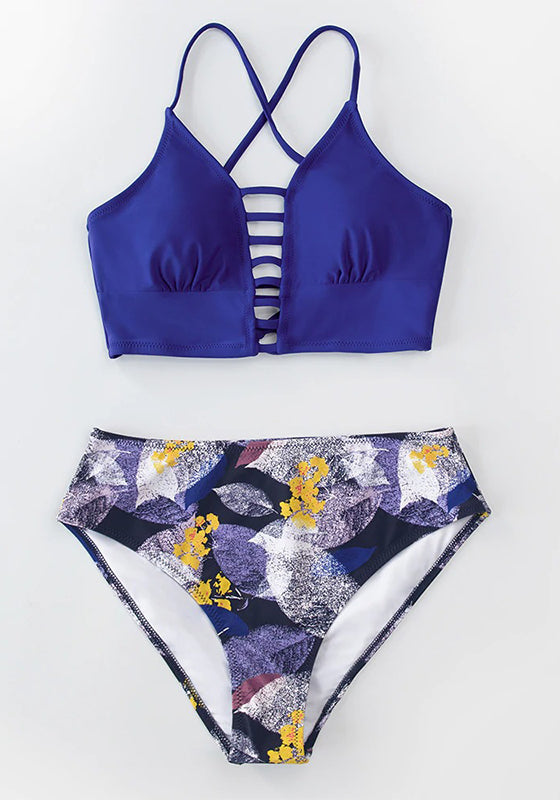 Purple and Leaf Print Mid-waist Bikini