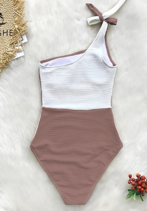 Taupe and White One Shoulder One-Piece