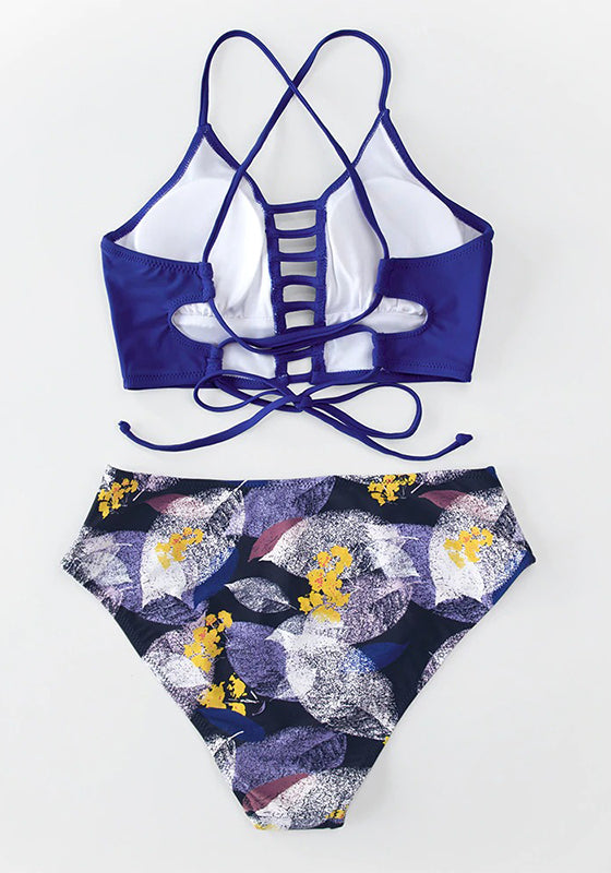 Purple and Leaf Print Mid-waist Bikini