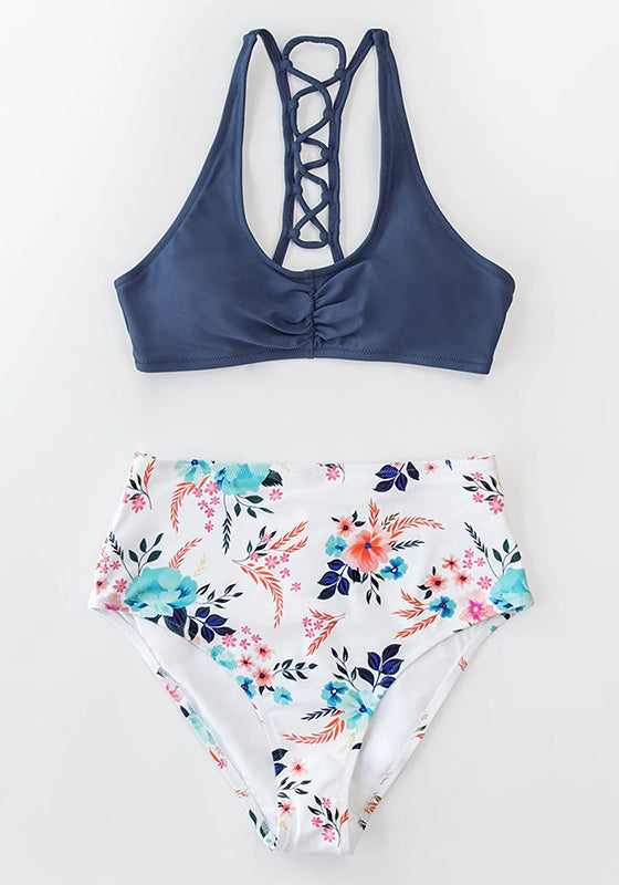 Navy And White Floral High-Waist Bikini Set